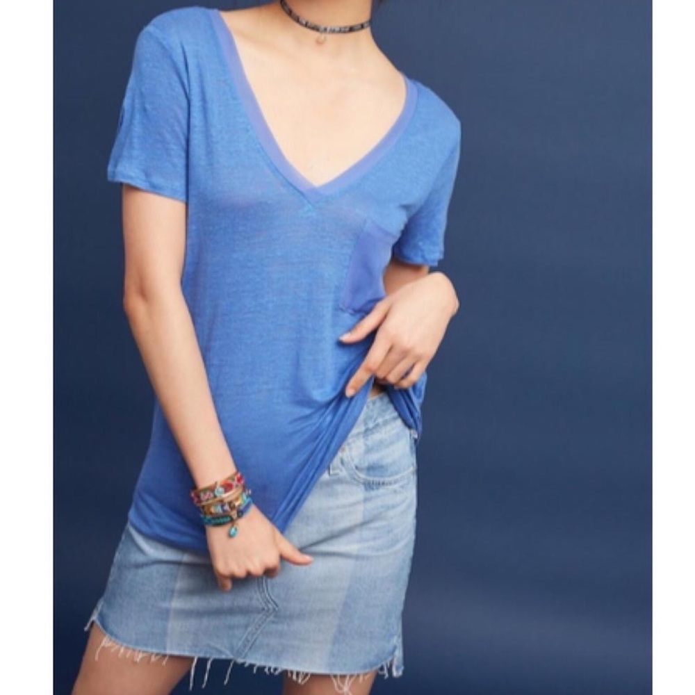 Anthropologie Three Dots Blue Linen Vneck Pocket Tee NWT
